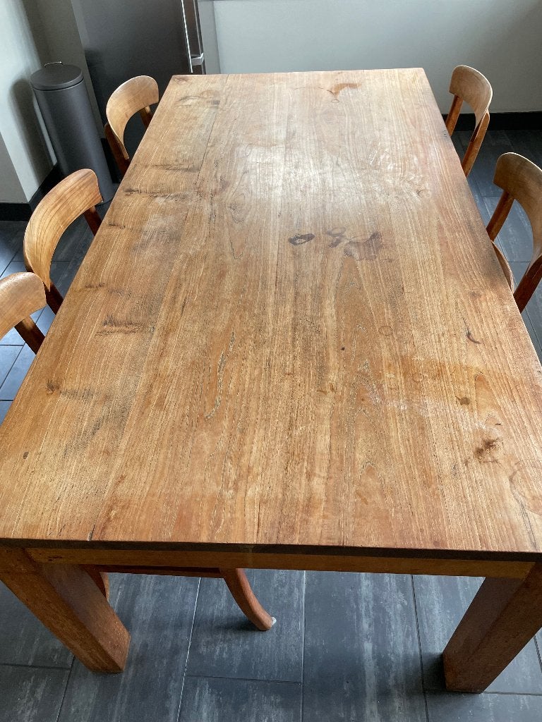 Eettafel teak met stoelen, Ophalen, Gebruikt, Teakhout, 200 cm of meer