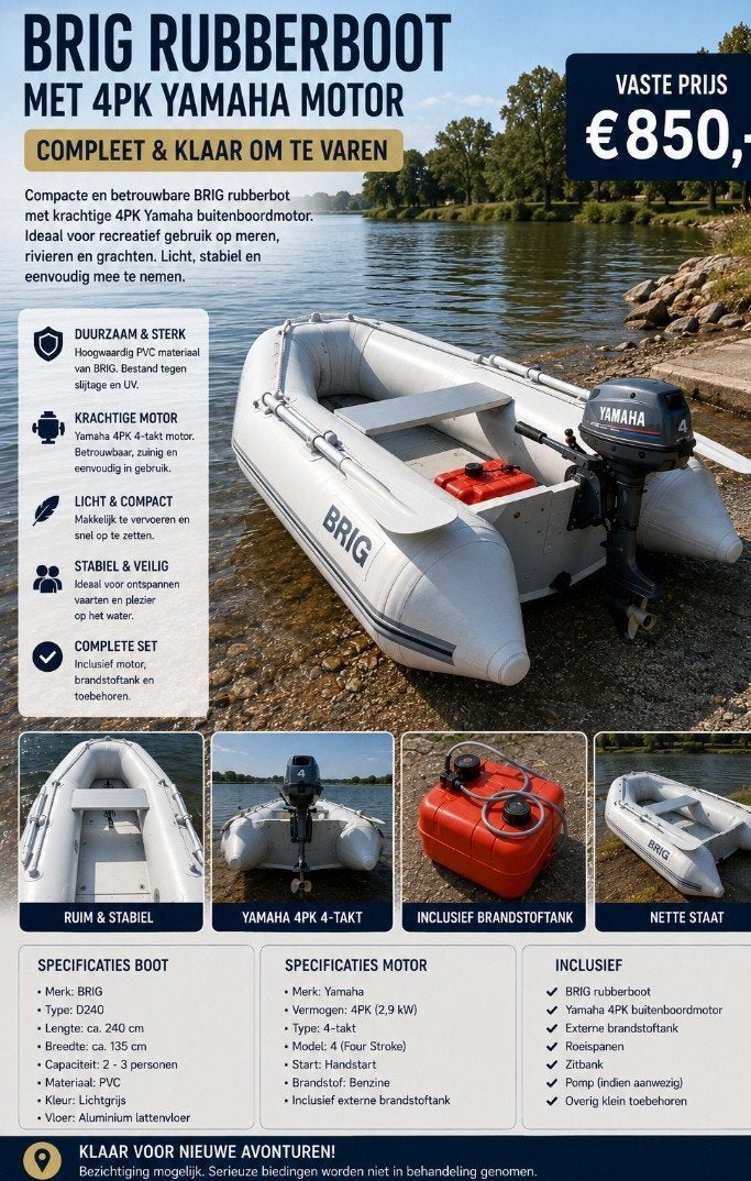 Brig T 240 rubberboot met Yamaha 4pk motor en bolderkar, Watersport en Boten, Ophalen, PVC, Inclusief motor, Brig
