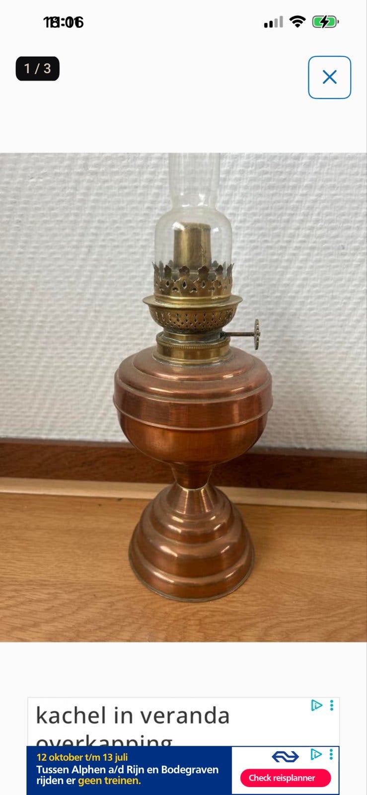 Antieke koperen olielamp met glazen kap, Ophalen of Verzenden