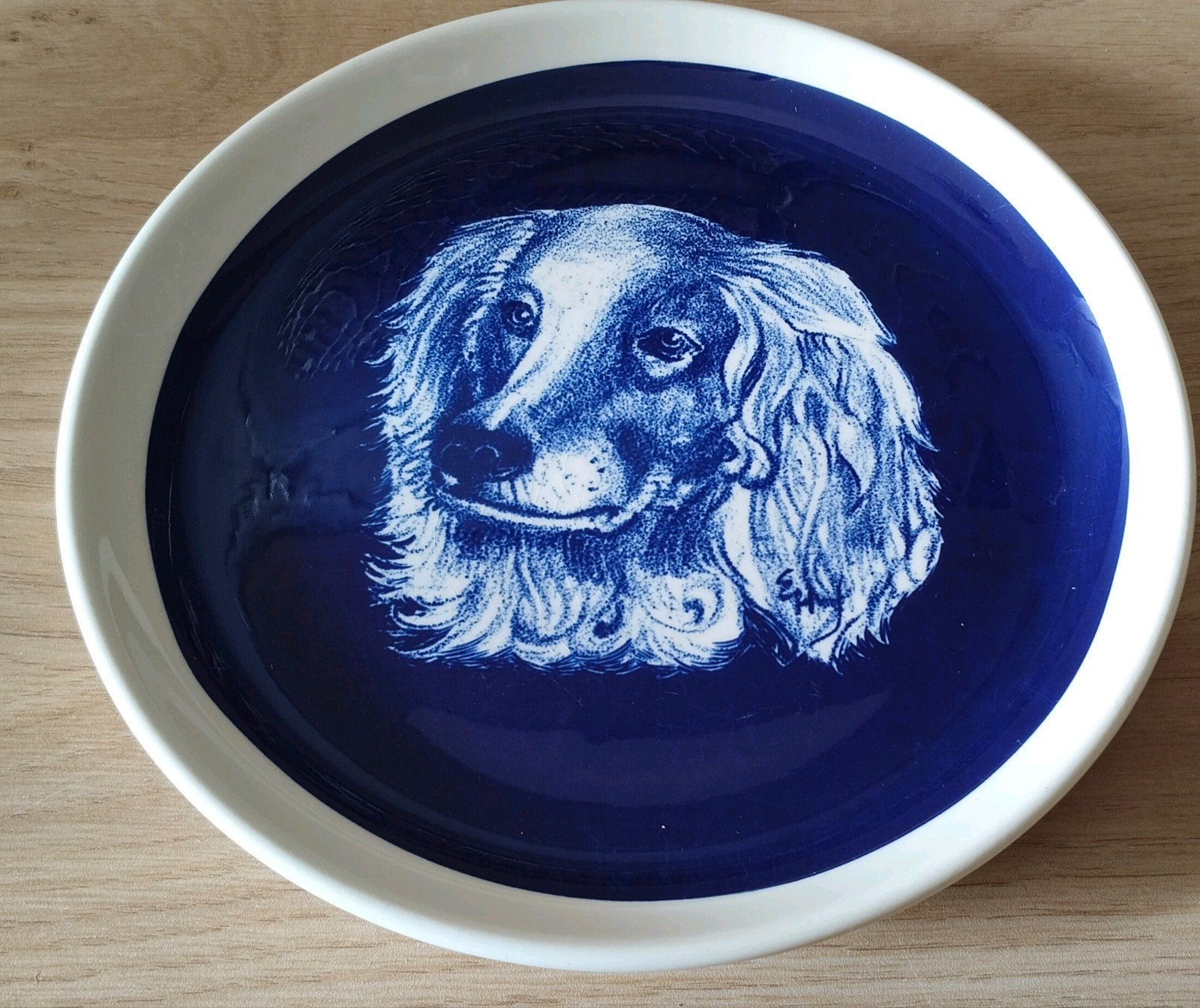 Vintage West Germany blauw wandbord met langharige teckel-ho, Verzenden