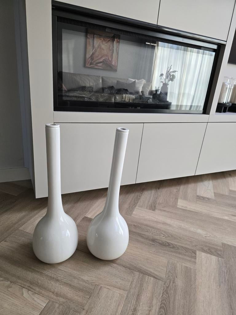 Set van 2 Japandi Stijl Witte Vazen - Wit Keramiek 60cm, 50 tot 75 cm, Wit, Aardewerk of Porselein, Ophalen of Verzenden