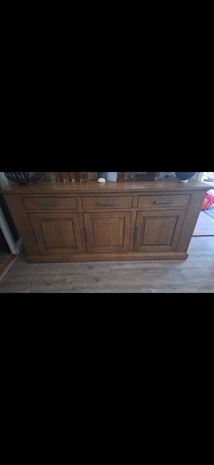 Eikenhouten dressoir met lades en deuren, Gebruikt, Eikenhout, Ophalen of Verzenden, 200 cm of meer