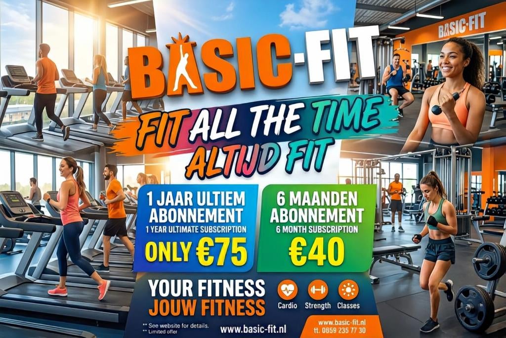 Basic-Fit Any location 75 € : 1 Year Ultimate subscription, Benen, Overige typen, Nieuw, Ophalen of Verzenden