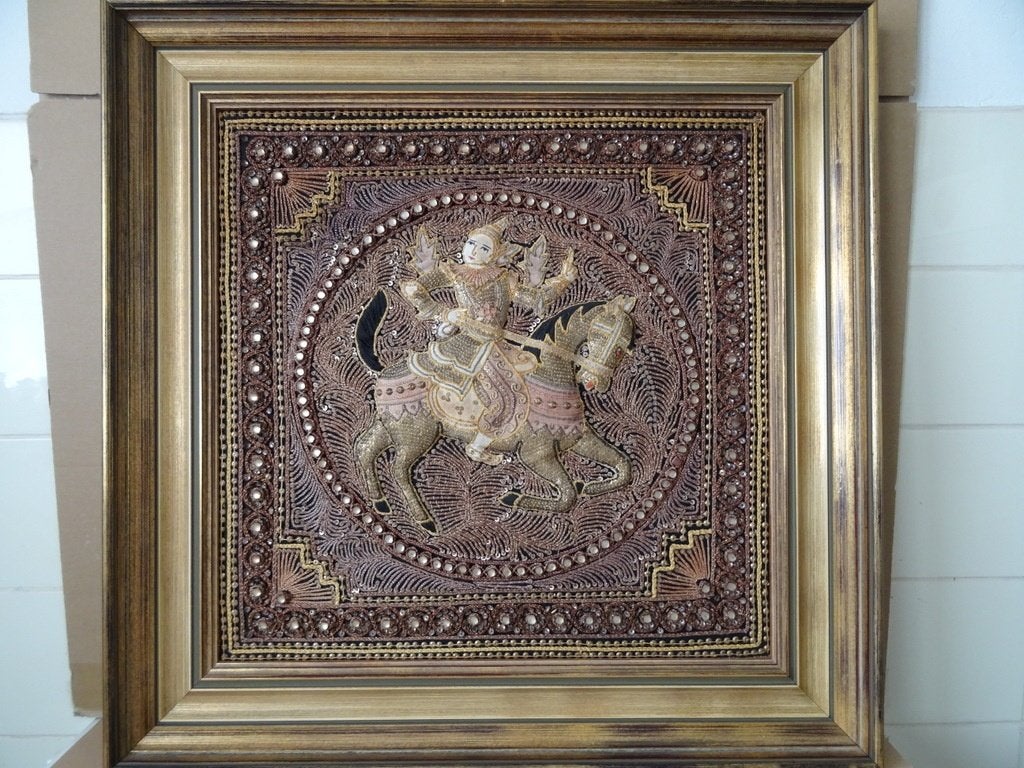 Vintage Kalaga wandtapijt Birma Birmees in luxe lijst 66x66, Ophalen of Verzenden