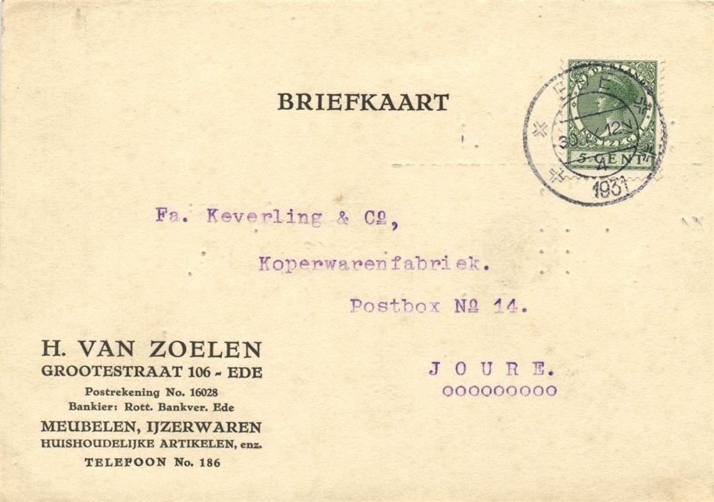 H. van Zoelen, Ede - 09.1931 - briefkaart, Ophalen of Verzenden, Briefkaart