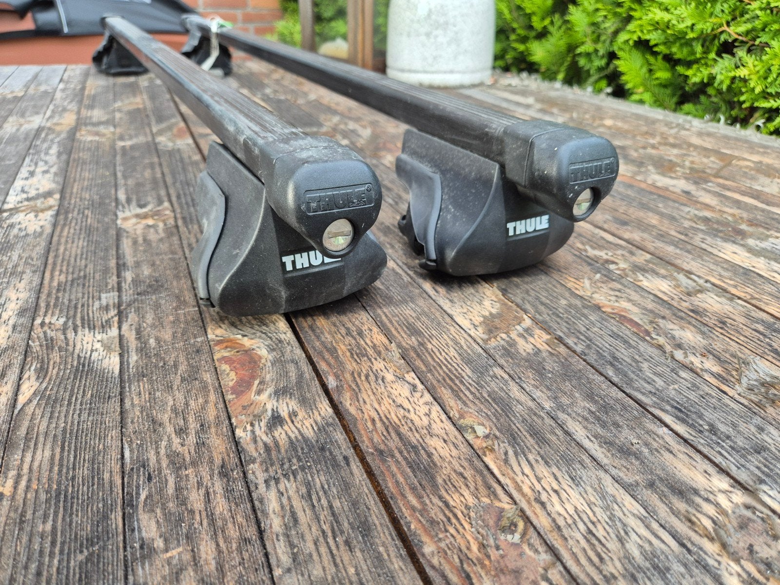 Thule Dakdragers (SquareBar 108cm + kit 1254) - open rails, Auto diversen, Dakdragers, Gebruikt, Ophalen