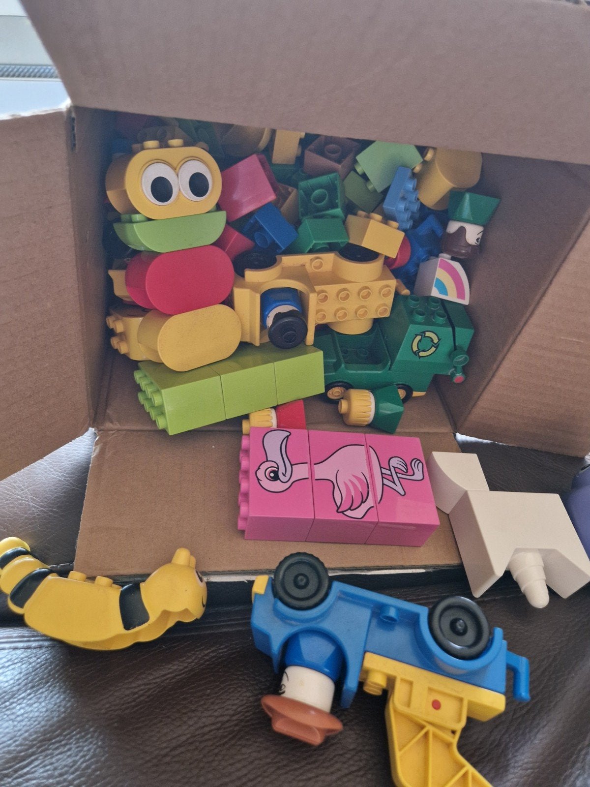 Grote doos Duplo met voertuigen, puzzels en blokken, Gebruikt, Inclusief extra onderdelen, Ophalen of Verzenden, Duplo