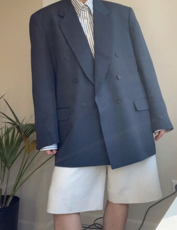 Vintage oversized navy/grey double breasted size XL blazer, Kostuum of Pak, Blauw, Maat 46/48 (XL) of groter, Ophalen of Verzenden