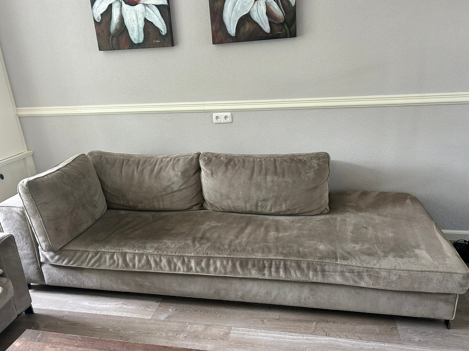 Mooie stijlvolle minotti bank met 2 fauteuls taupe kleur, Huis en Inrichting, Ophalen, Gebruikt, Overige materialen, Modern