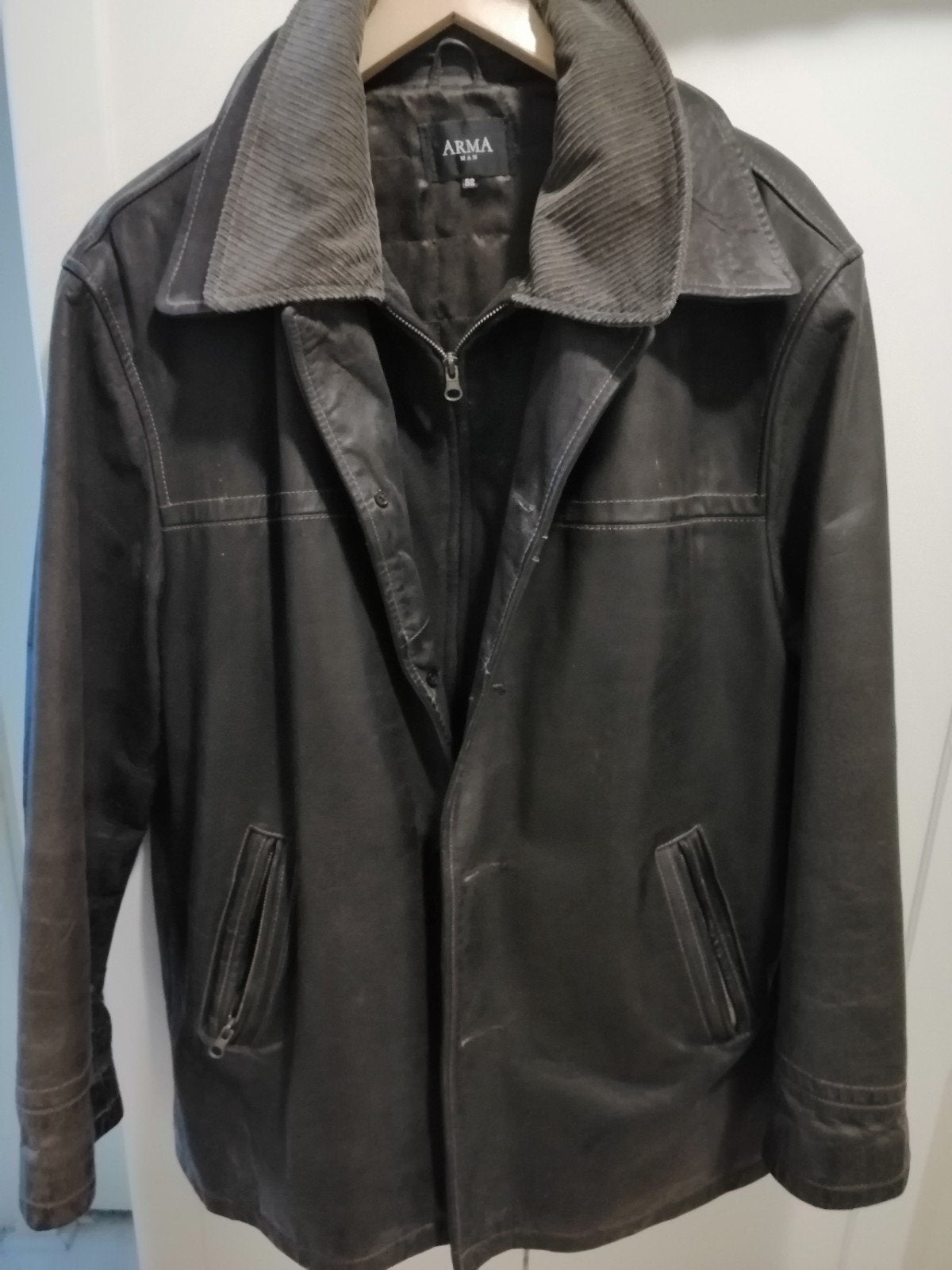 ARMA MAN Leren Jas met Corduroy Kraag - Maat L, Kleding | Heren, Maat 52/54 (L), ARMA MAN, Bruin, Ophalen of Verzenden