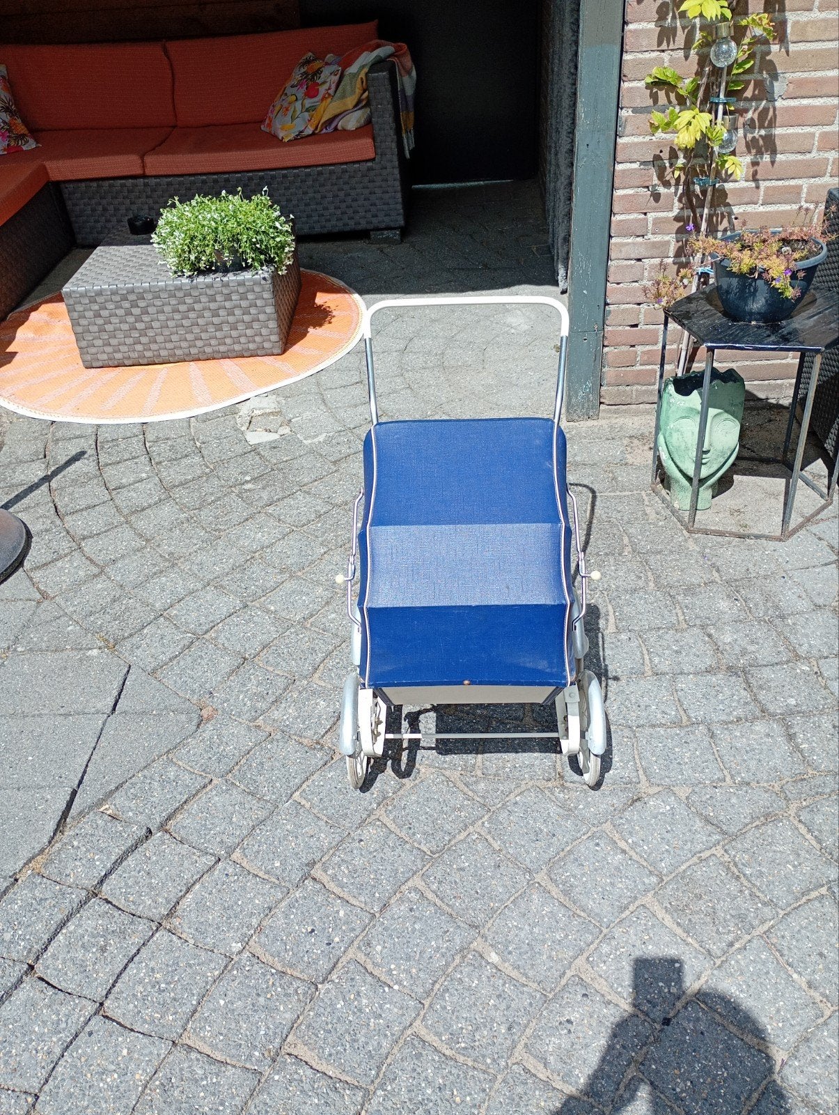 Vintage poppenwagen - Blauw en beige, Ophalen, Gebruikt, Overige typen