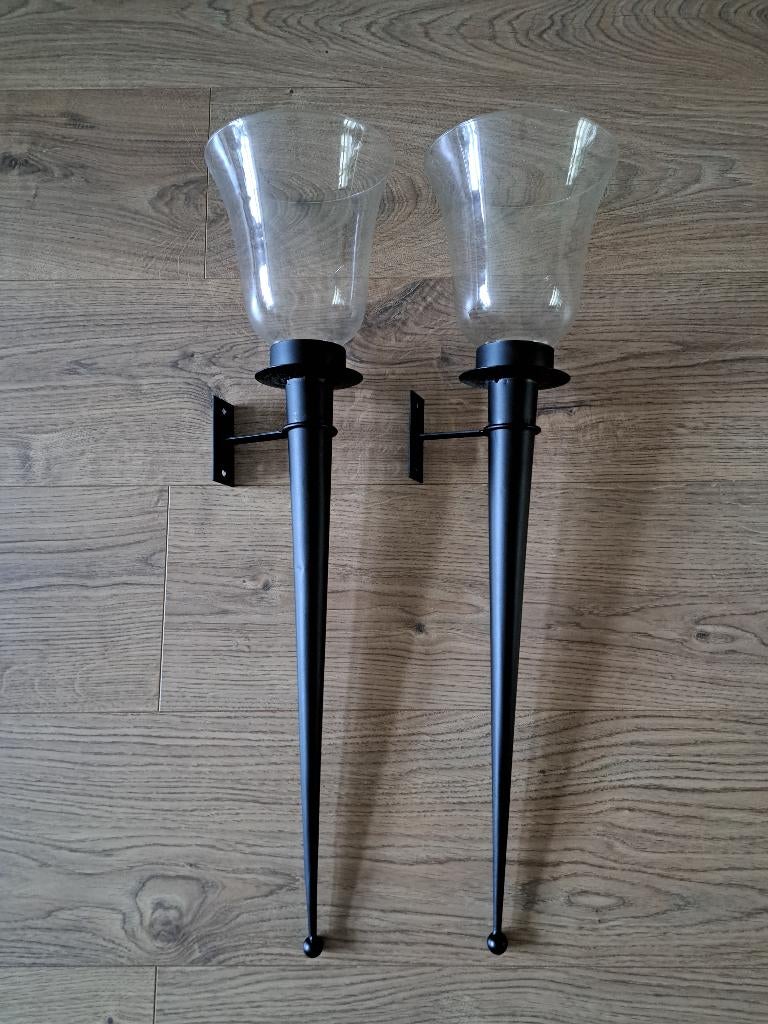 Twee wandkandelaars zwart en glas - zeer goede staat, Ophalen, Overige materialen, 50 tot 75 cm, Zwart