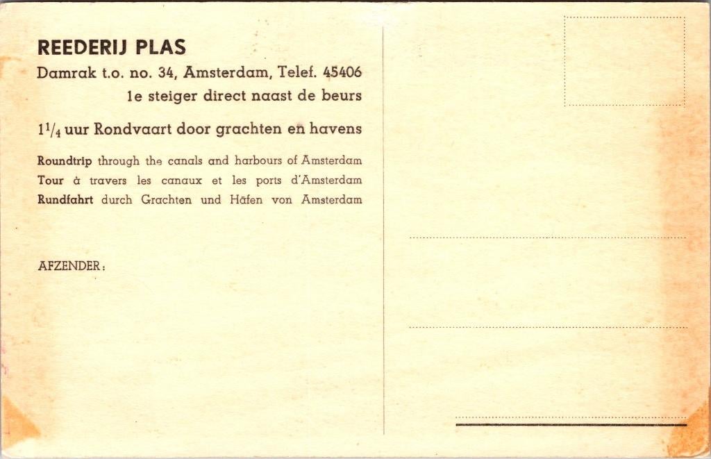 Rederij Plas Amsterdam - 6 ansichtkaarten, Verzamelen, Ansichtkaarten | Nederland, Verzenden, 1960 tot 1980, Gelopen, Noord-Holland