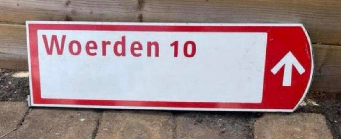 Vintage verkeersbord Woerden Reeuwijk Gouda uniek!, Tekstbord, Ophalen of Verzenden, Gebruikt, Metaal