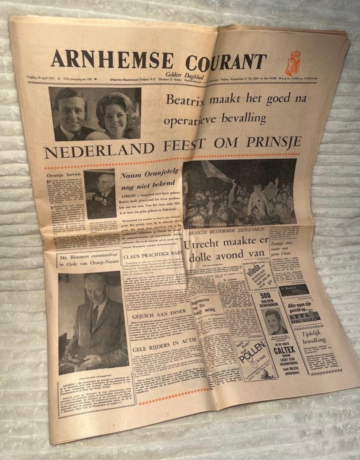 Unieke Arnhemse Courant 28 april 1967 - Geboorte Willem-Alex, Verzamelen, Ophalen of Verzenden, 1960 tot 1980, Nederland, Krant