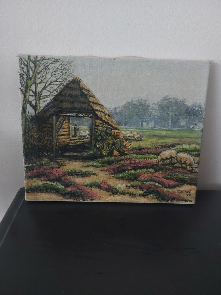 Schilderij 'Cornel' 1990 - Landschap met schaapskooi, Ophalen of Verzenden