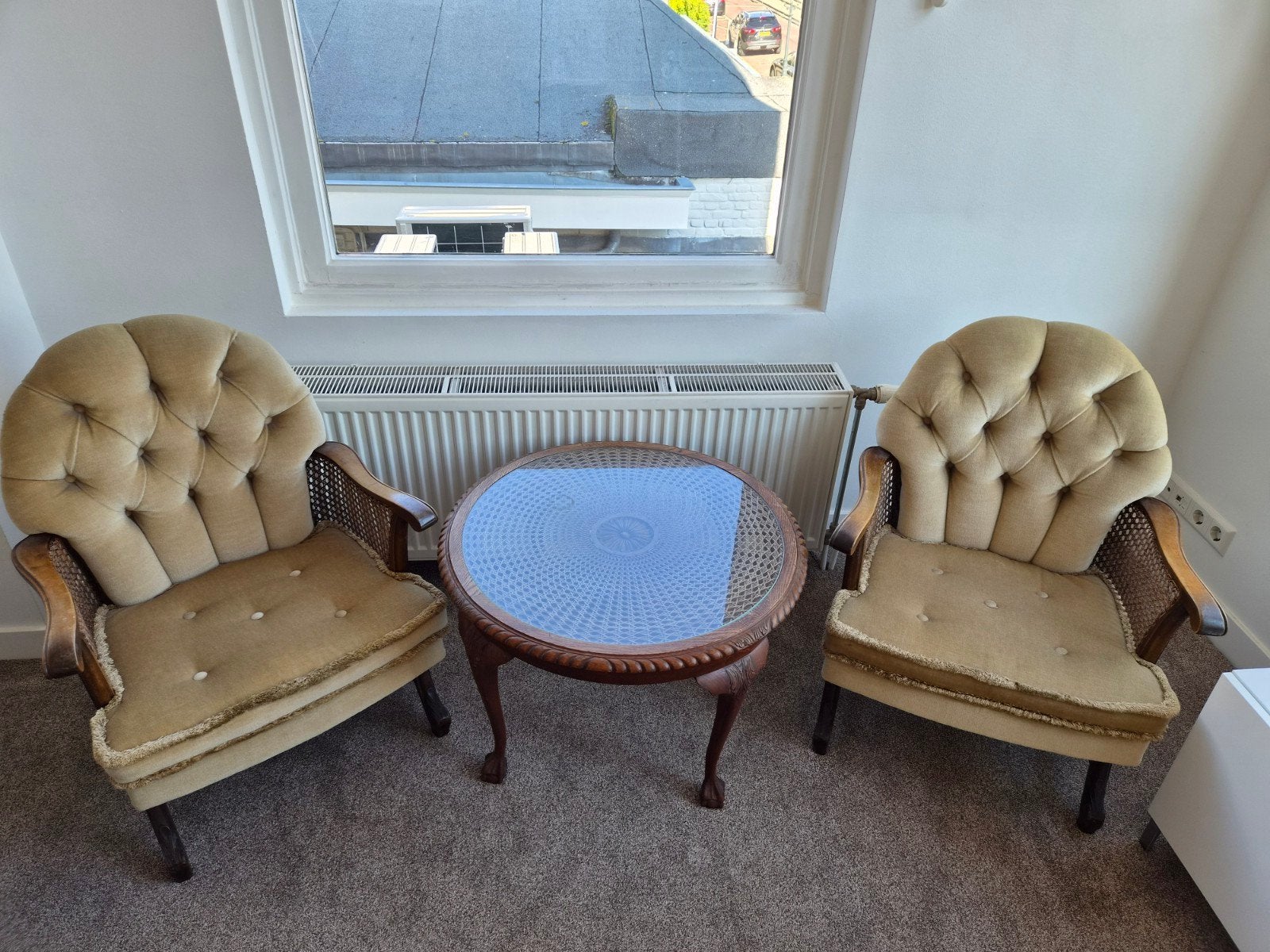 Vintage fauteuils en salontafel met glasplaat, Antiek en Kunst, Ophalen