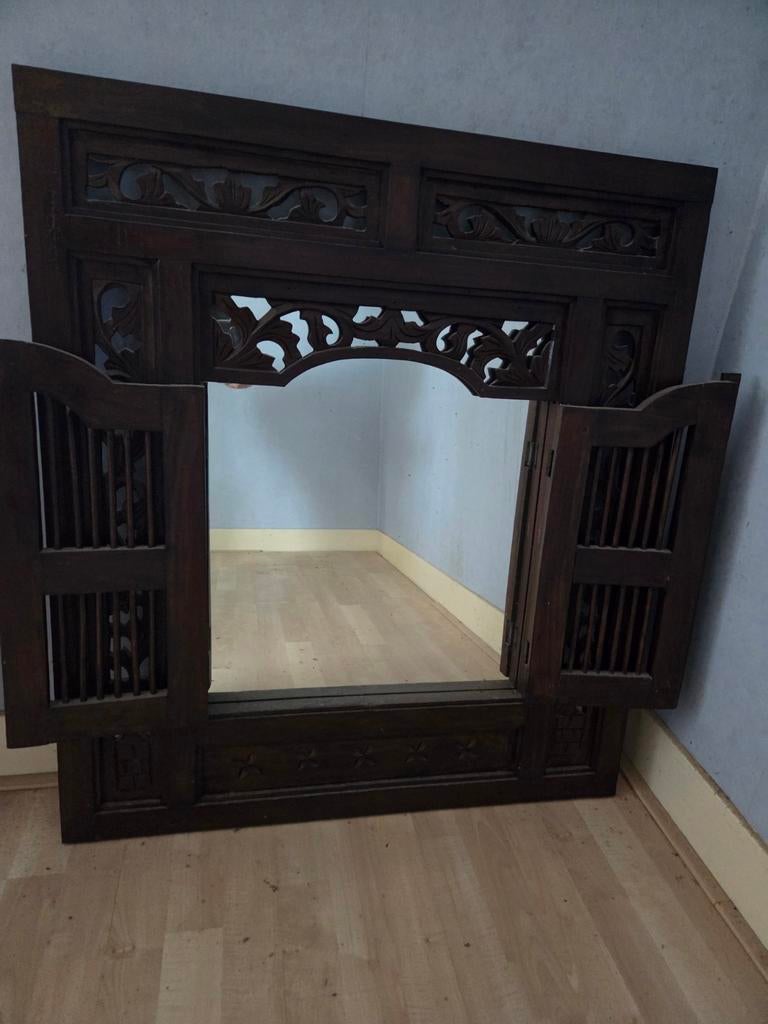 Prachtige houten spiegel met luiken, Ophalen, Gebruikt, 100 tot 150 cm, 100 tot 125 cm