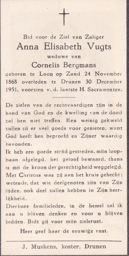 Vugts Anna 1868 Loon op Zand 1951 Drunen, Verzamelen, Bidprentjes en Rouwkaarten, Ophalen of Verzenden, Bidprentje