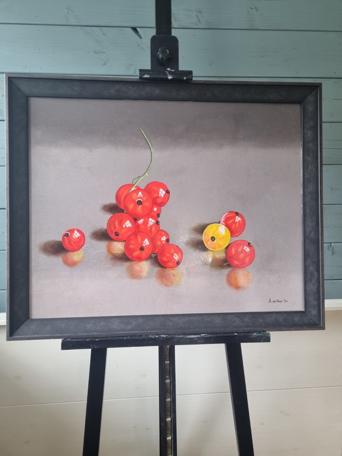 Olieverfschilderij bessen op paneel, Antiek en Kunst, Ophalen of Verzenden