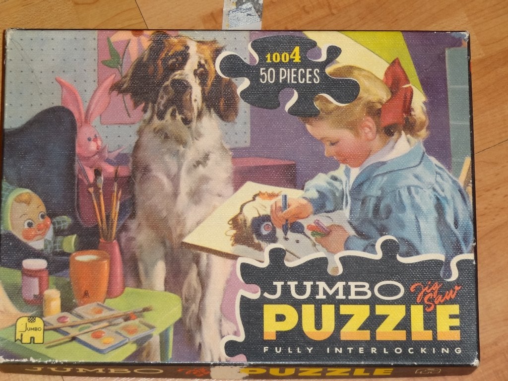 Vintage Jumbo Legpuzzel 50 Stukjes Hond en Meisje, Ophalen of Verzenden, 10 tot 50 stukjes, Gebruikt, 4 tot 6 jaar