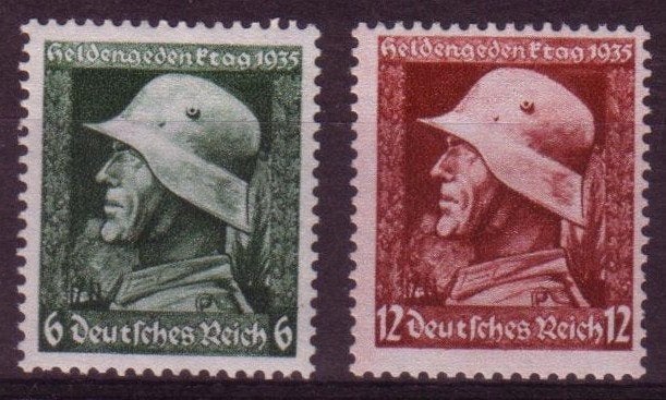 Duitse Zegels uit 1935 "Heldengedenktag" (DR 569-570), Ophalen of Verzenden, Landmacht, Duitsland