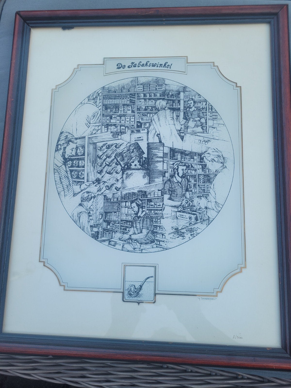 Glas gravure van Gerard Swaenepoel de tabakswinkel 38x46, Ets, Ophalen of Verzenden, Dubbele gravure, 38 cm