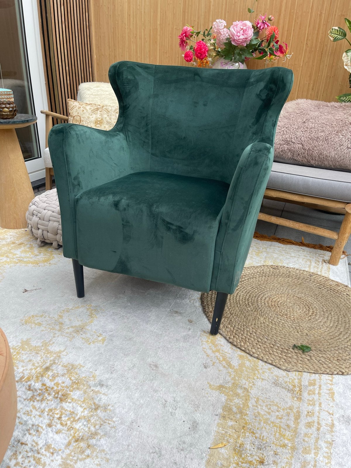 Groene fluwelen fauteuil - Zo goed als nieuw, Ophalen, Zo goed als nieuw, Stof, 75 tot 100 cm
