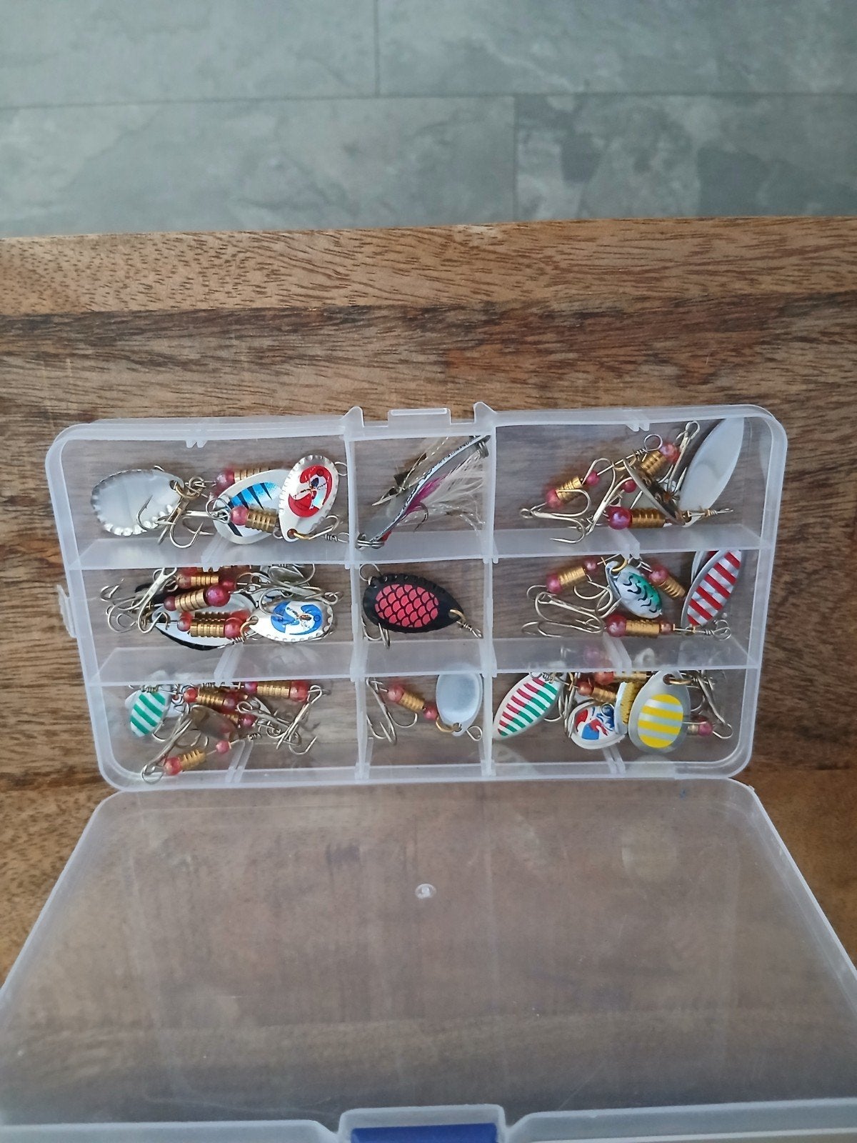 Set van diverse kunstaas spinners in opbergdoos, Ophalen of Verzenden, Gebruikt, Kunstaas