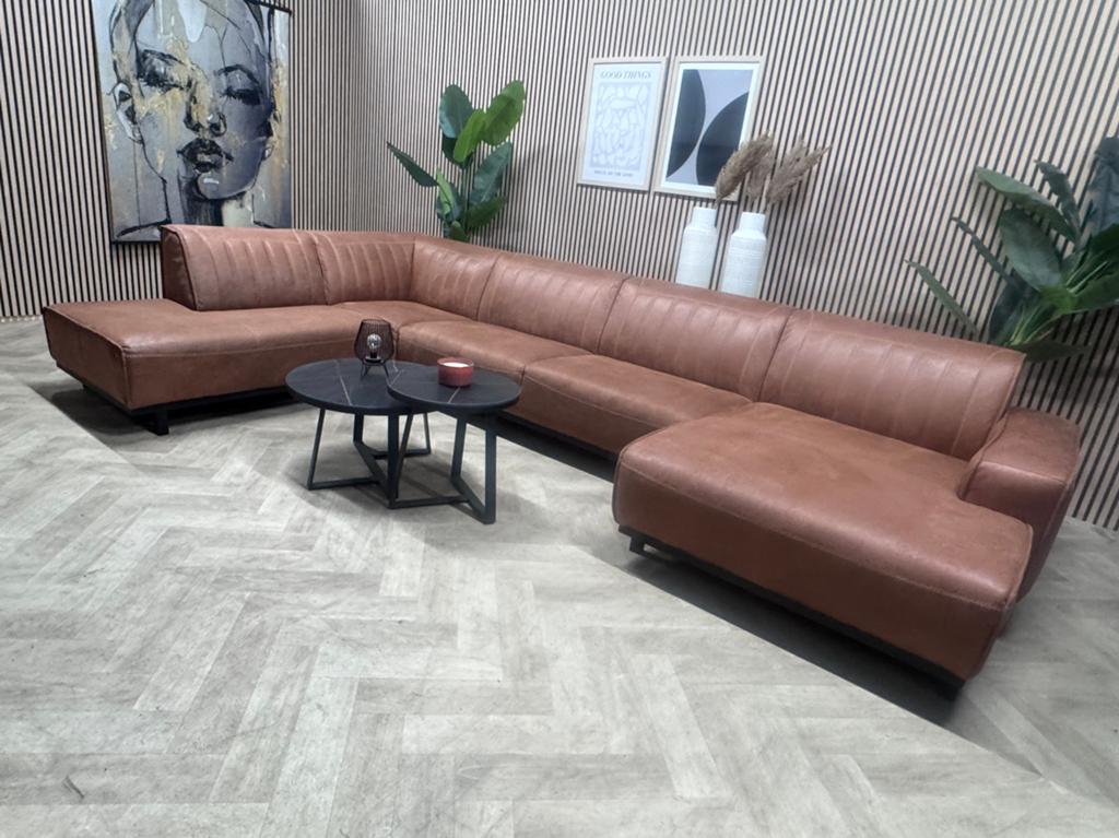 ZGAN Maverus Parijs Hoekbank / U-Bank - Cognac - 390cm, Modern Retro Industrieel Cognac U-Bank Hoekbank Microleer, -, -, Hoekbank
