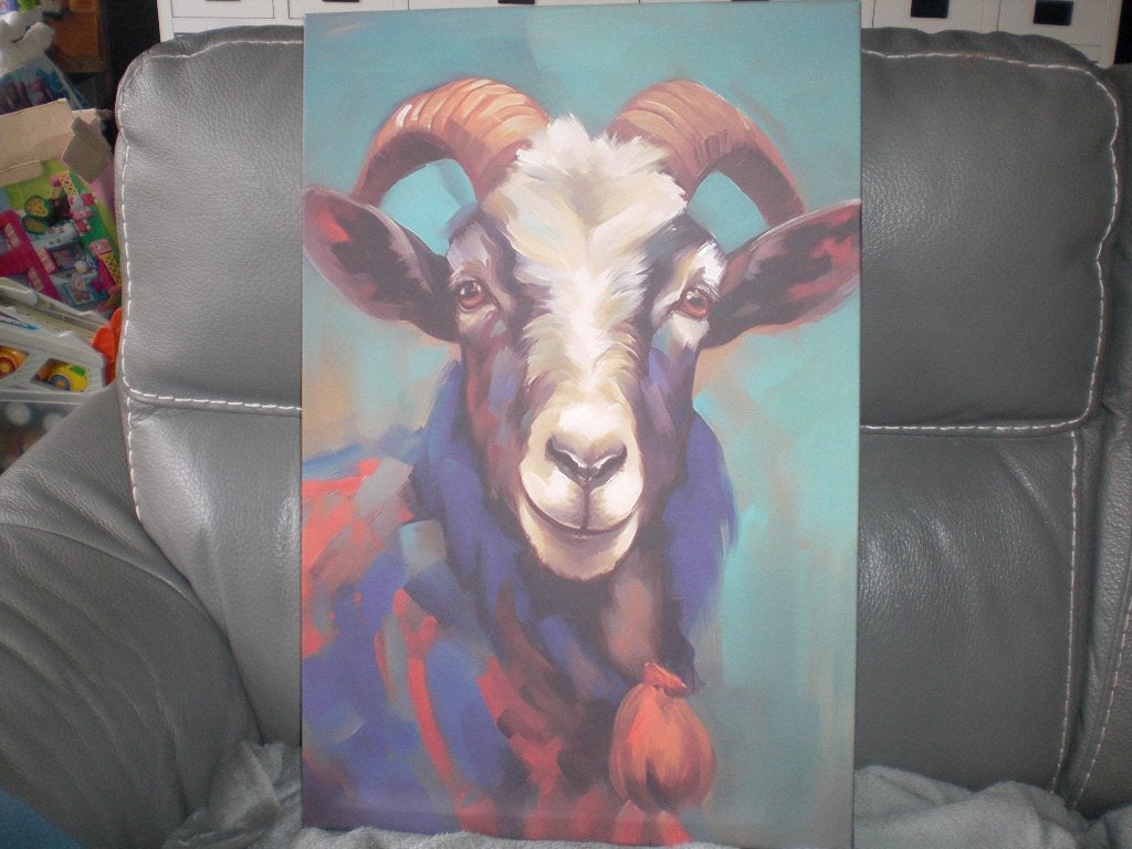 leuk schilderij bok,geit  op canvas 60 x 40, Ophalen of Verzenden, Overige materialen, Print, Dieren