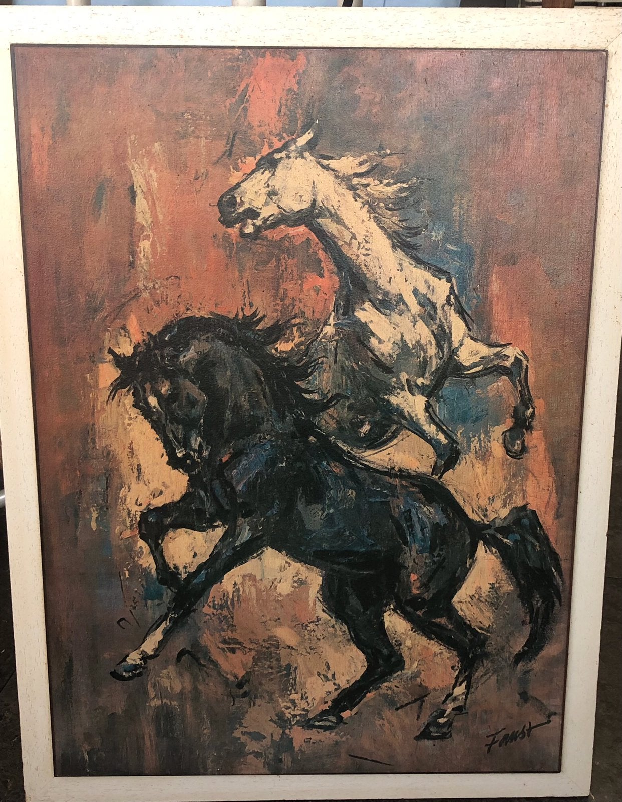 vintage oliedruk op doek Heinrich Faust Paarden jaren 60, Verzamelen, Retro, Ophalen of Verzenden