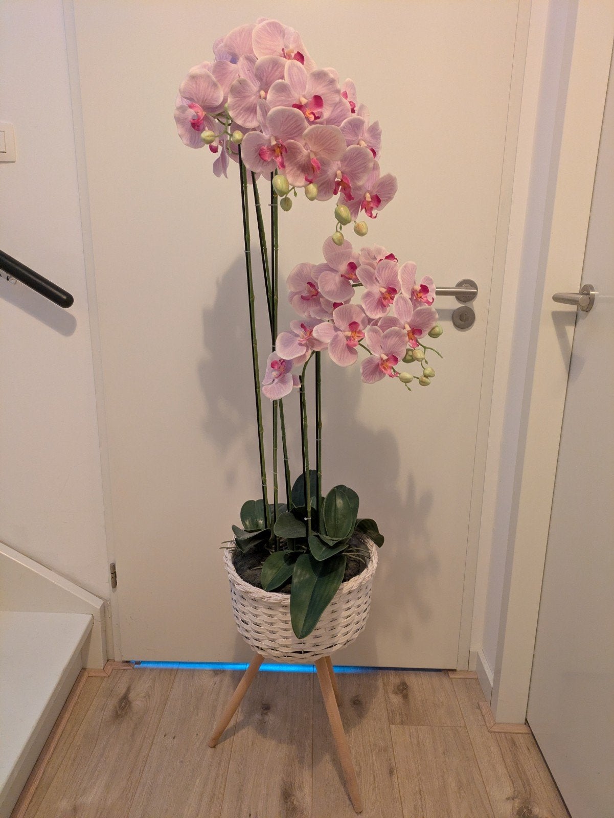 Grote kunst orchidee in witte pot met houten poten, Ophalen, Roze, Onderhoudsvrij, Kunstplant