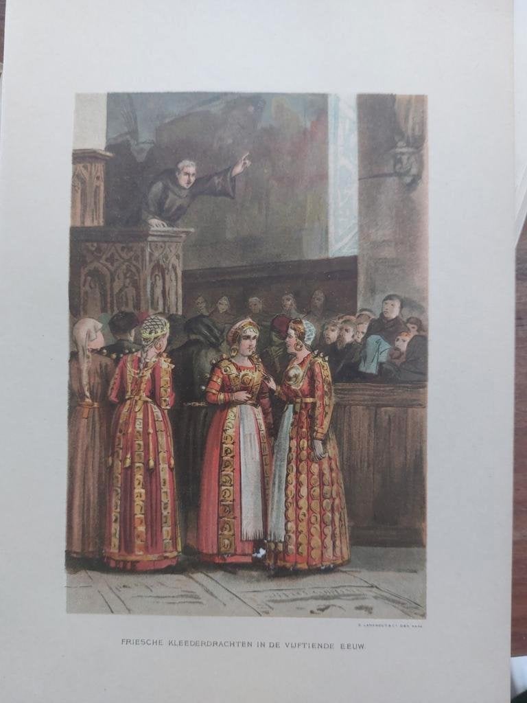 20 / Friesche Klederdracht in de vijftiende eeuw Litho 1895, Ophalen of Verzenden