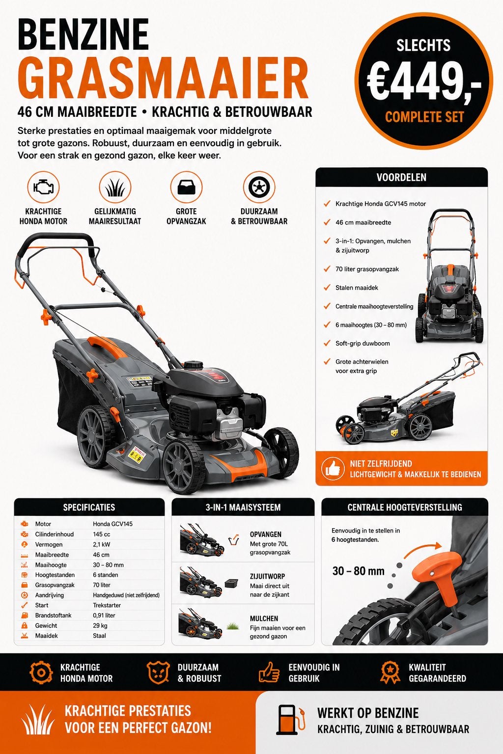 Benzine Grasmaaier 46 cm – Honda GCV145 Motor, Ophalen, Cirkelmaaier, Nieuw, Mulchfunctie