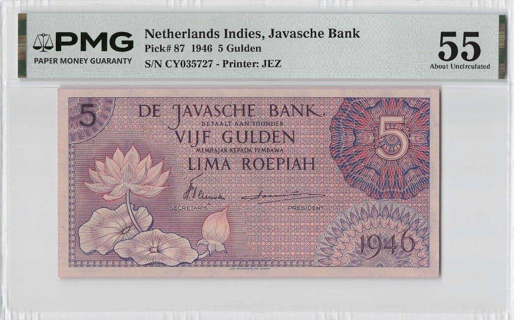 Heel mooi biljet 5 gulden Nederlands-Indië, 1946 | PMG, Ophalen of Verzenden, 25 gulden
