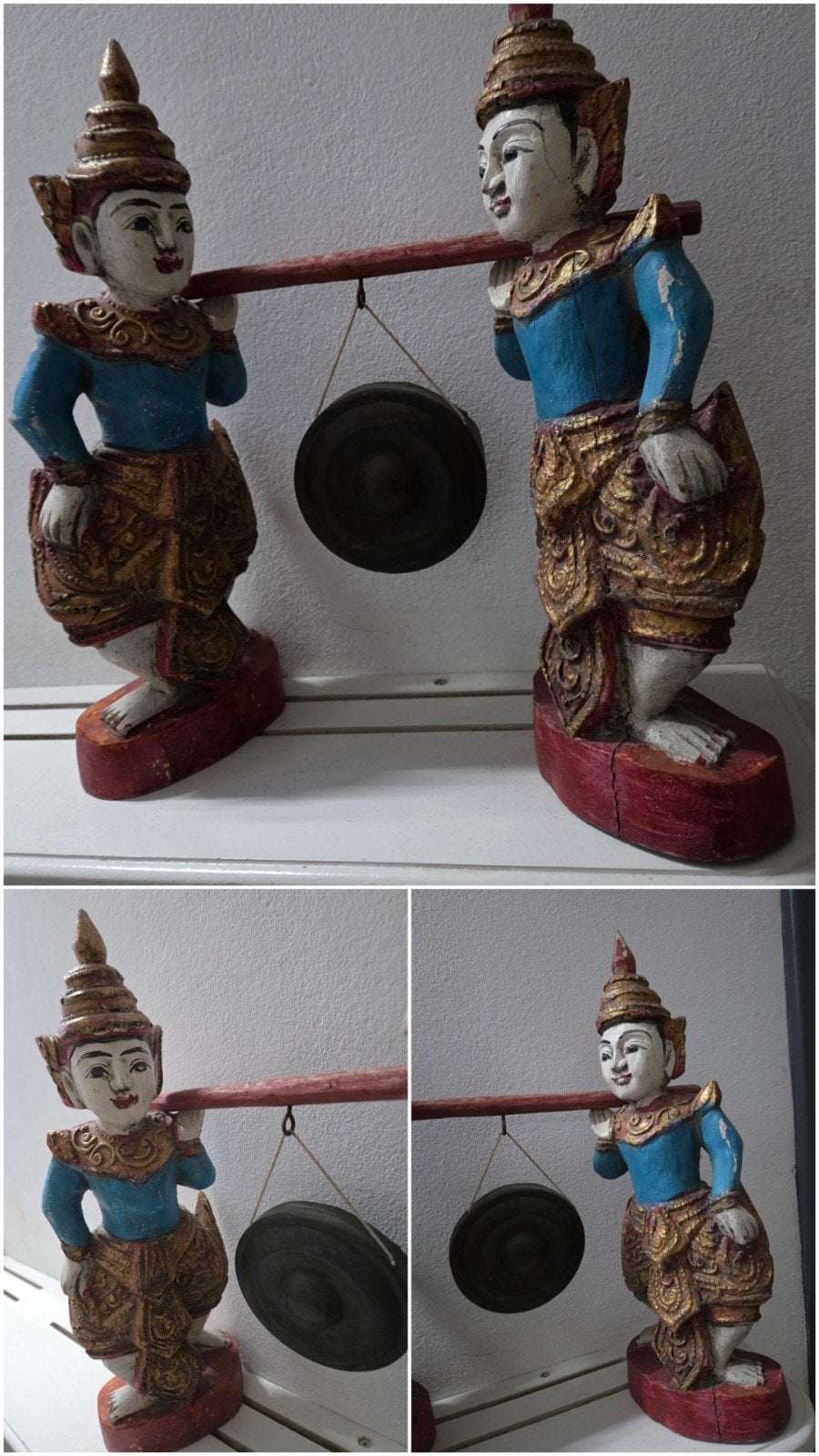 Houten beelden met gong, Aziatische stijl, Groep mensen, Ophalen of Verzenden, 20 - 50 cm, Beeld