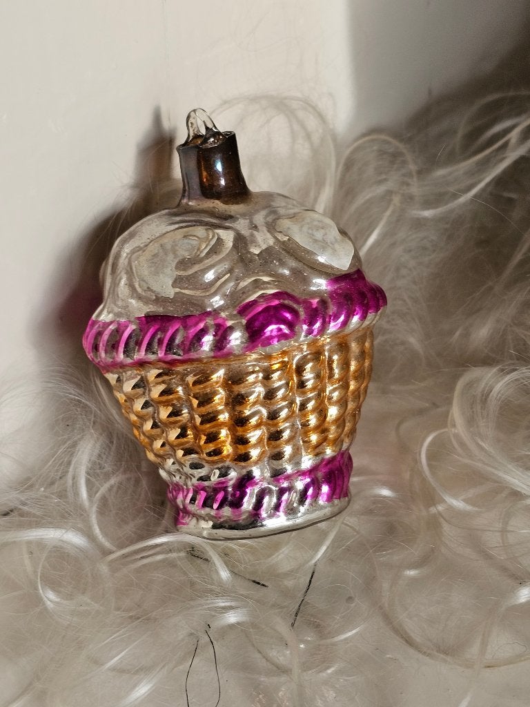 Oude Antieke AJEKO kerstbal / bloemenmandje pink blauw . 4, Diversen, Ophalen of Verzenden