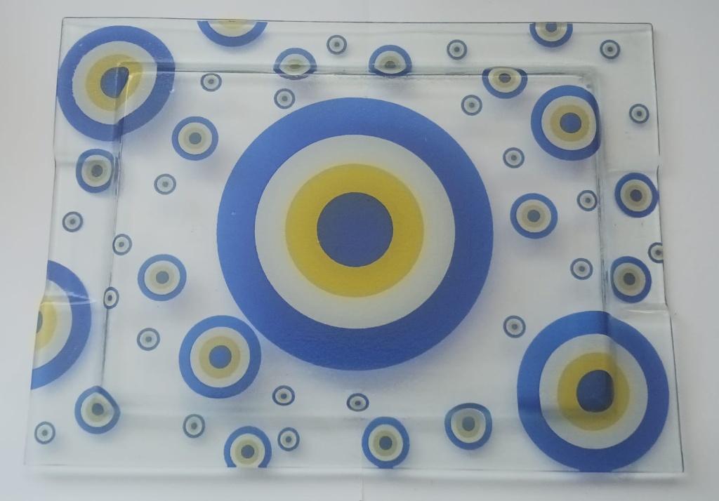 Dienblad van Glas geel/blauw - Evil Eye - geluk brenger, Ophalen of Verzenden, Zo goed als nieuw, Rechthoekig, Overige materialen