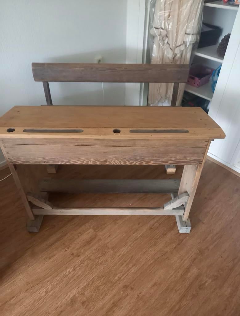 Vintage houten schoolbank met bankje – complete set, Huis en Inrichting, Bureaus, Ophalen, Opbergruimte, 112 cm, Gebruikt