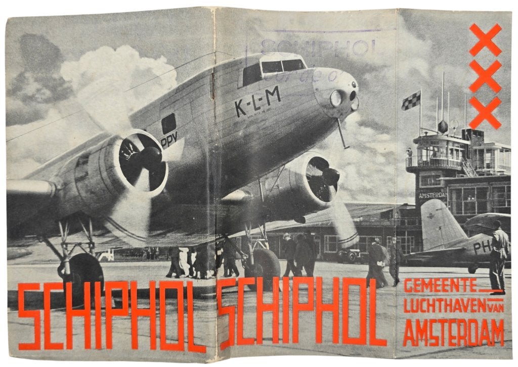 Brochure – Schiphol Een luchthaven, Fre Cohen (1937), Ophalen of Verzenden, Gebruikt, Kaart, Foto of Prent