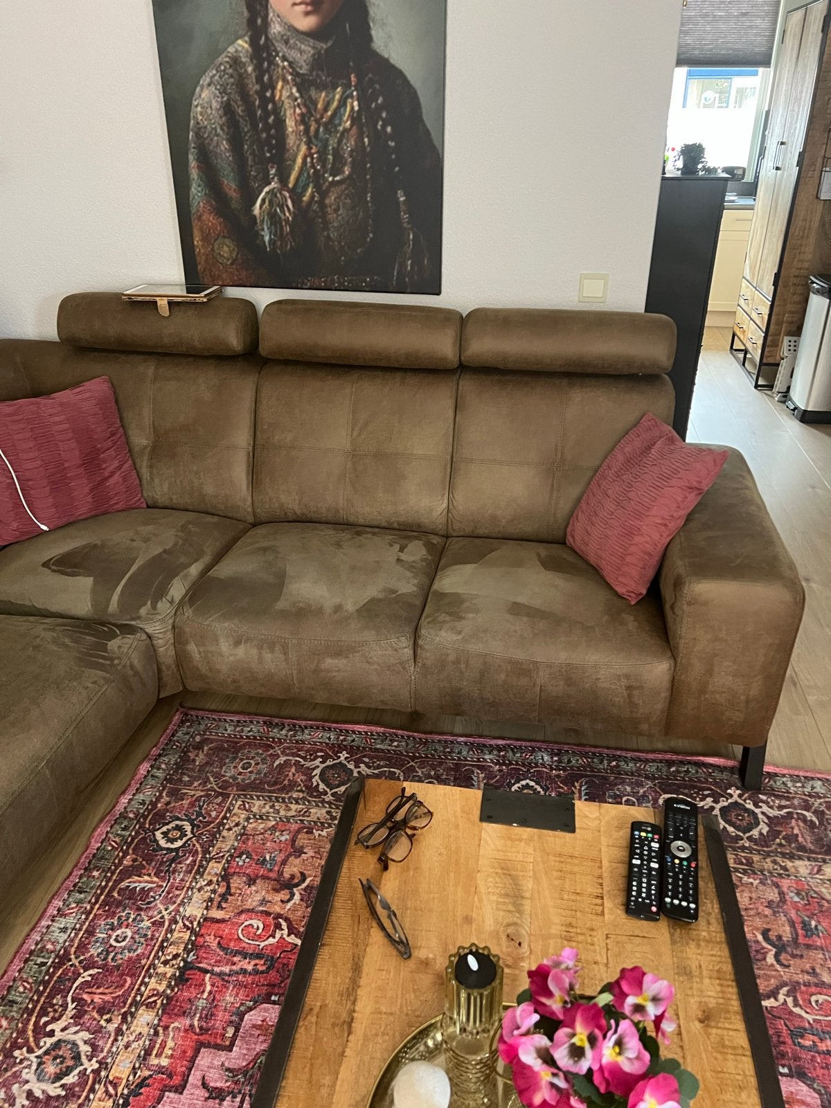 Hoekbank Zittmax olive green microleder met elektrische rela, Huis en Inrichting, Banken | Bankstellen, Ophalen, 100 tot 125 cm