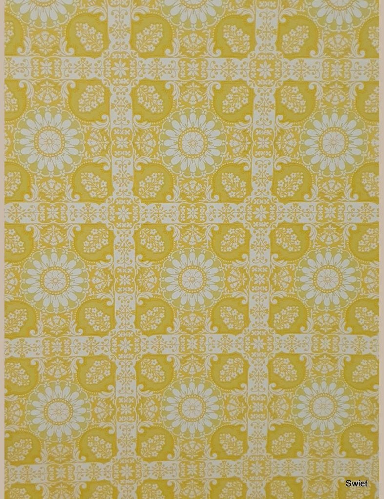 5420 geel bloemen behang retro tegelmotief seventies swiet, Ophalen of Verzenden, Geel