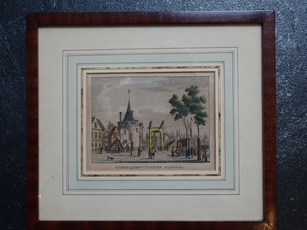 gravure kleur Schreierstoren Amsterdam, ophaalbrug Bendorp, Antiek en Kunst, Verzenden, Stadsgezicht, Gravure, 1700 - 1799
