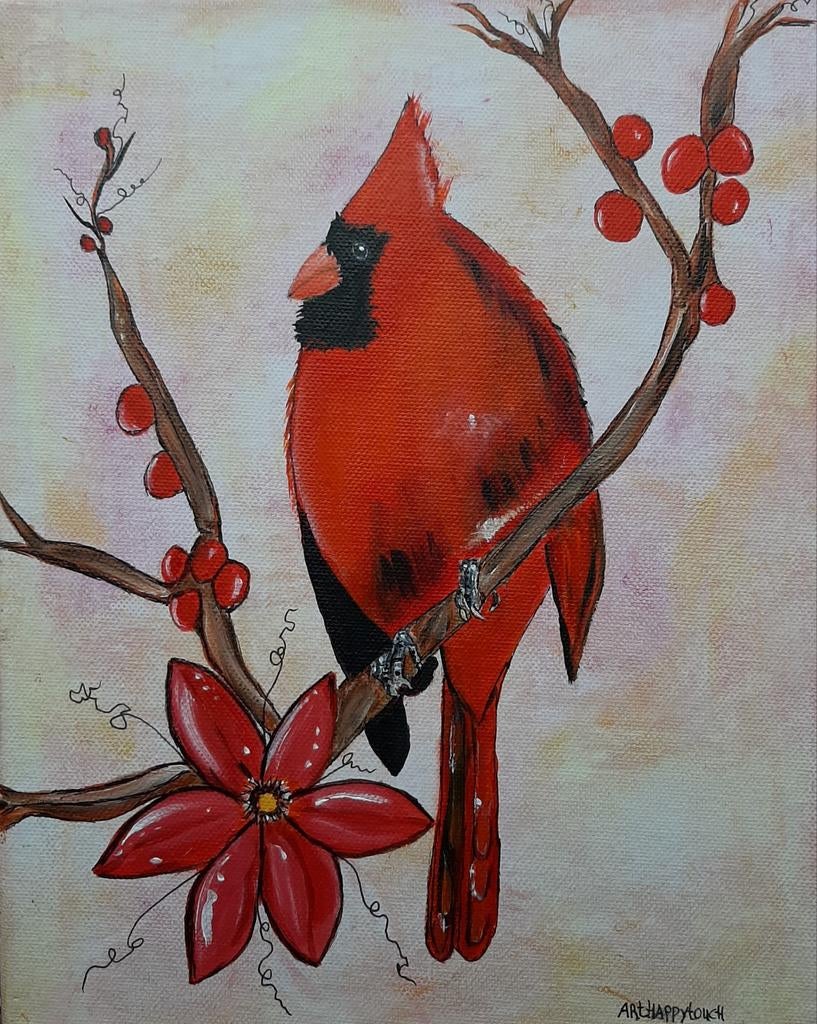 Schilderij De Rode Kardinaal in vrolijk acryl op canvas, Ophalen of Verzenden