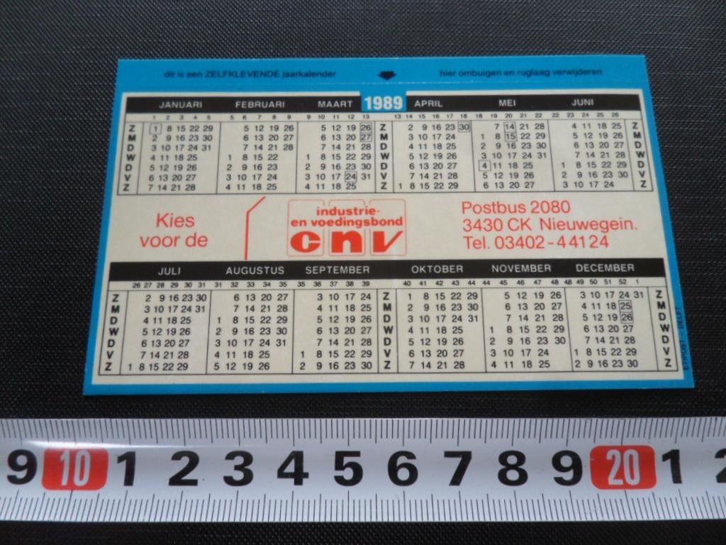 sticker Kalender 1989  Nieuwegein CNV Industtrie en voedings, Ophalen, Zo goed als nieuw