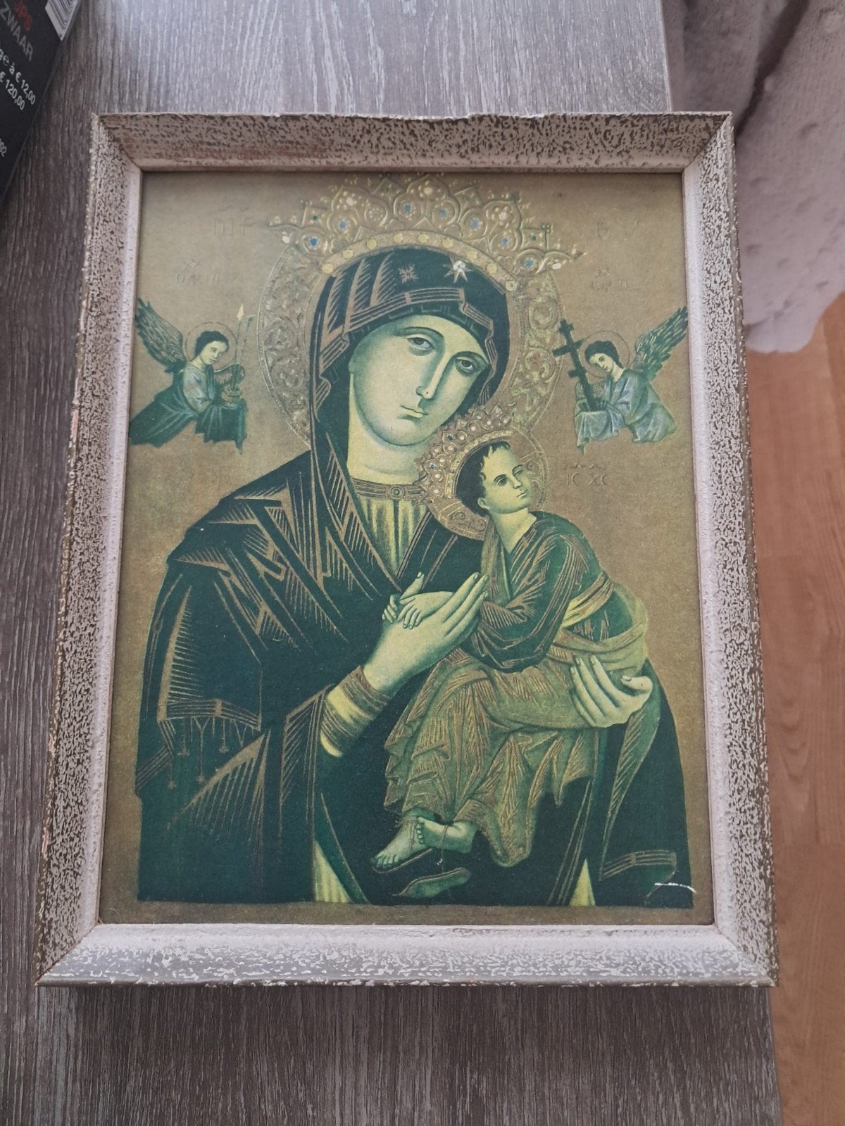 Oude religieuze icoon van Maria met kindje Jezus, Ophalen of Verzenden