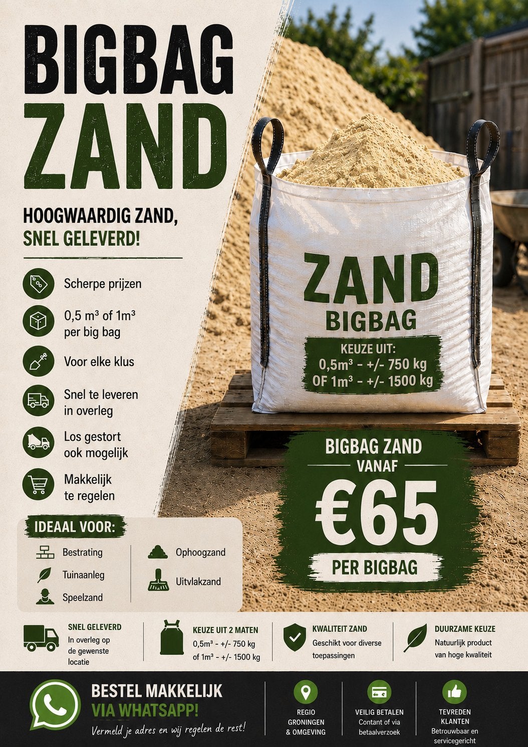 Bigbag (geel) Zand 0,5m³ & 1m³ | Snel geleverd | los gestort, Tuin en Terras, Zand, Ophalen, Nieuw, Ophoogzand
