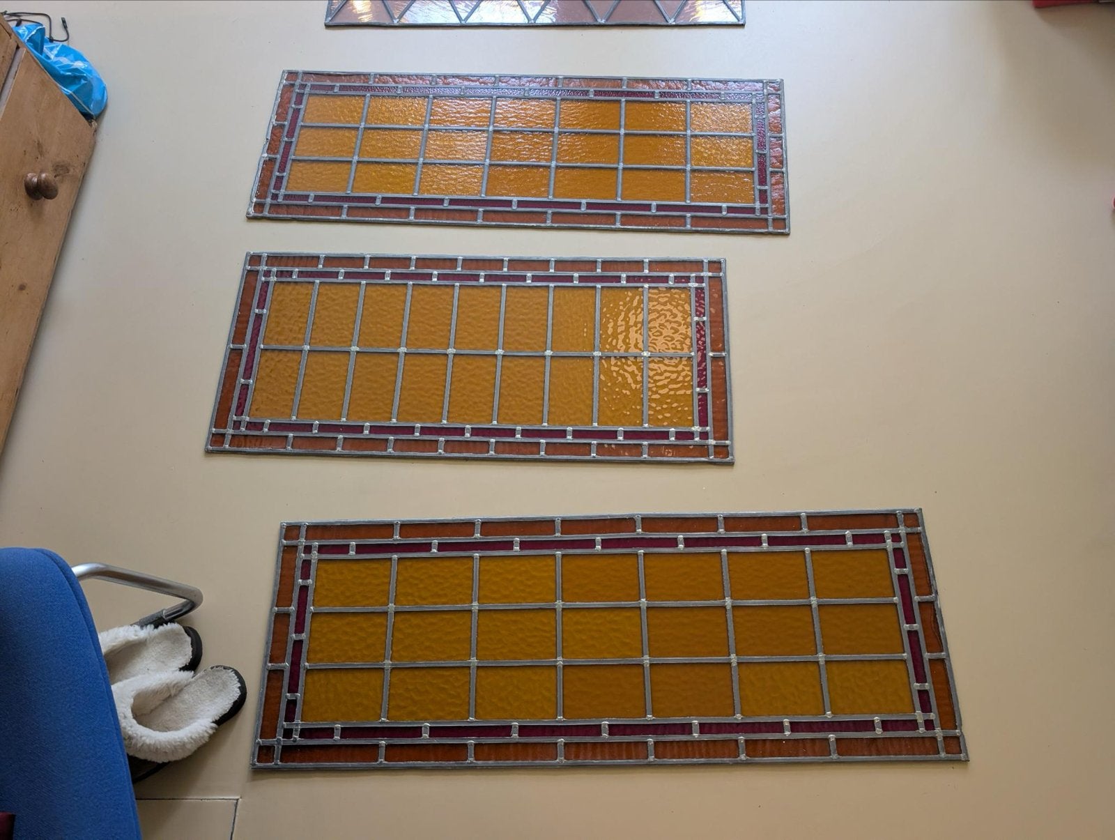 Set van 3 oranje-rode glas-in-lood ramen, Doe-het-zelf en Verbouw, Glas en Ramen, Gebruikt, Gevelraam of Ruit, 80 tot 120 cm, Minder dan 80 cm