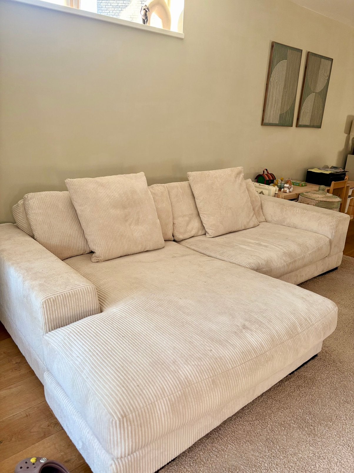 Hoekbank beige crème ribflueel Mino Salsa, Ophalen, 250 tot 300 cm, Gebruikt, Driepersoons